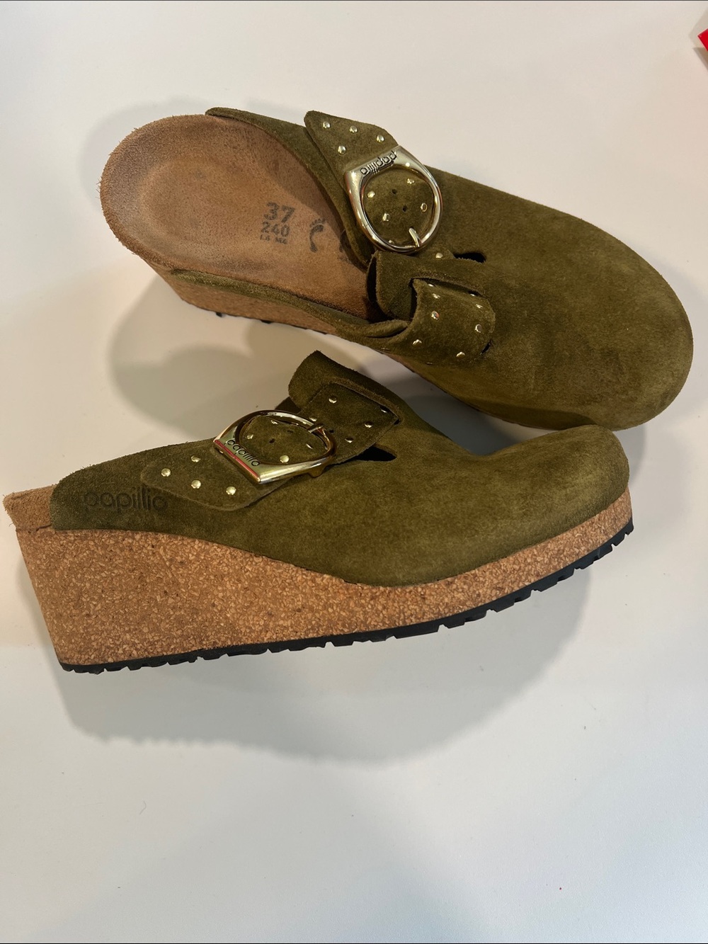 Papillio - 37, 6-6.5, Olive Suede Buckle Clog, Wedge with Stud Detail